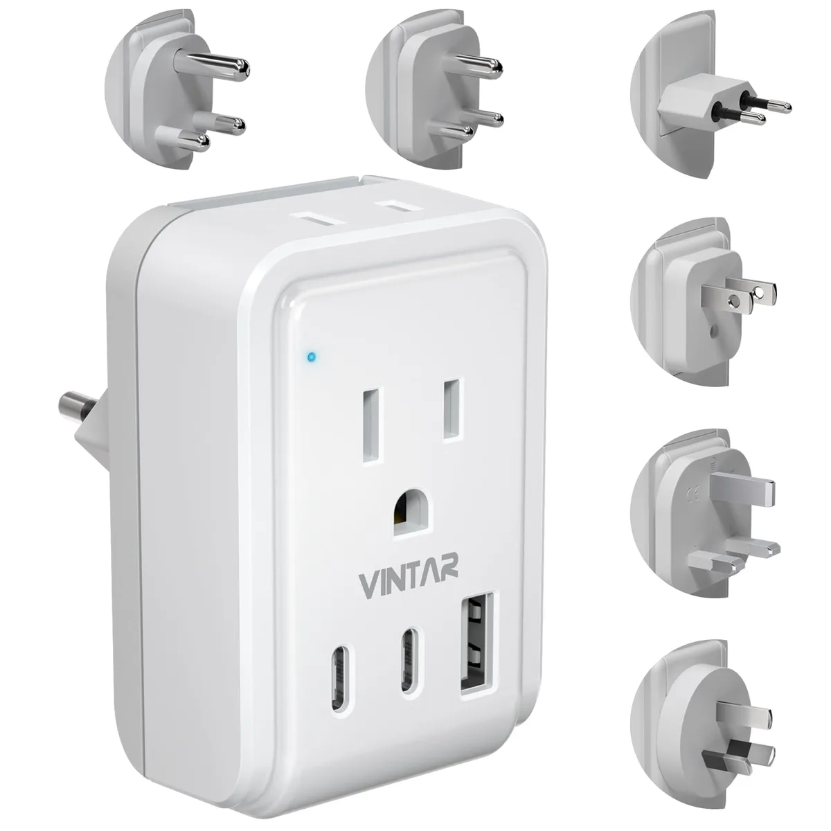 White and grey compact travel adapter kit with detachable plug attachments