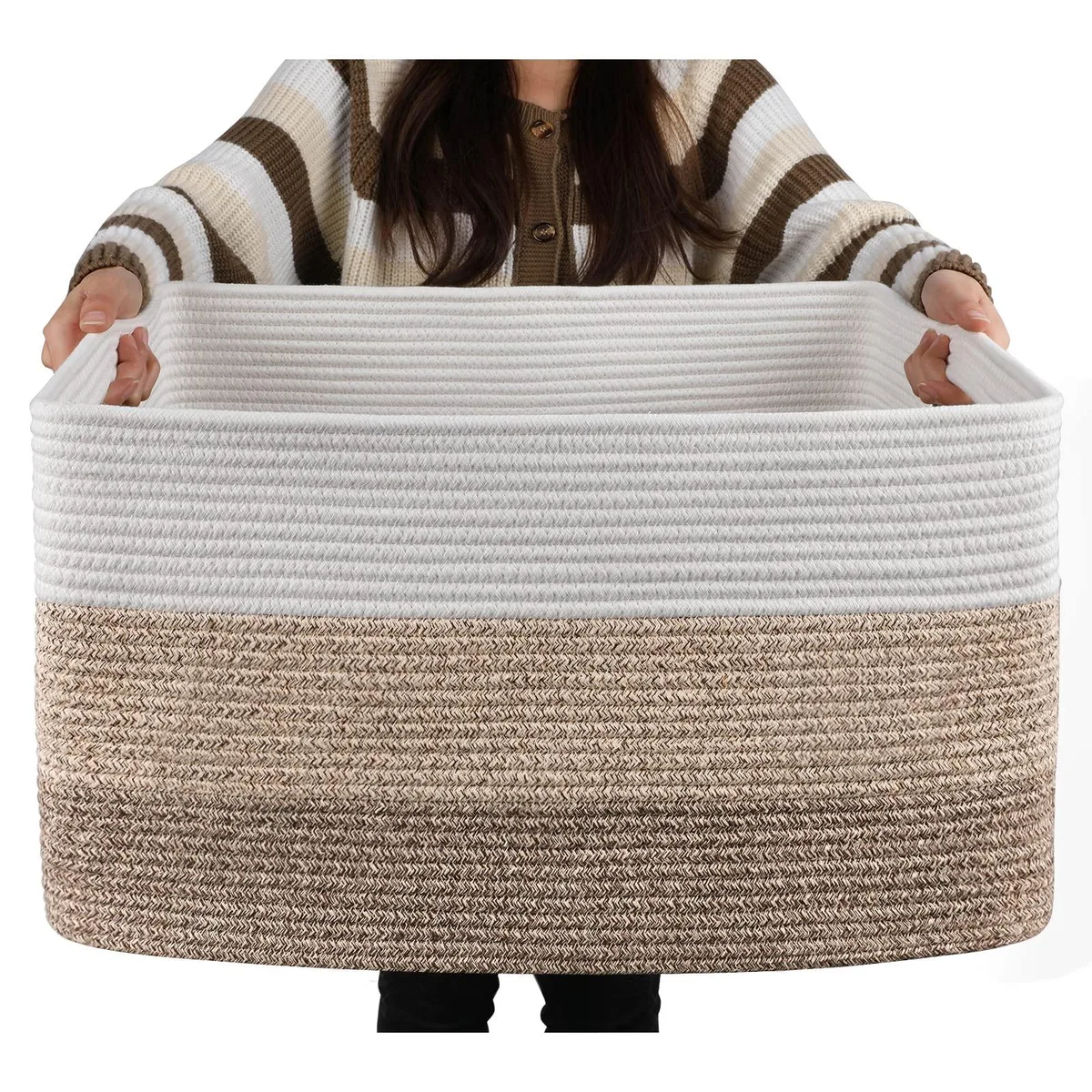 Rectangular woven cotton basket in gradient yellow with sturdy handles