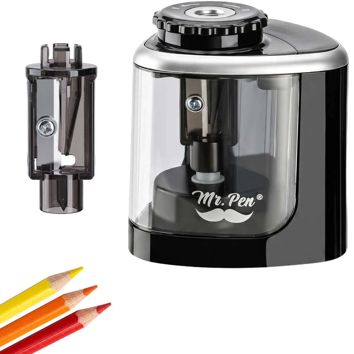 Black plastic battery-operated pencil sharpener with spare blade, compact desktop size