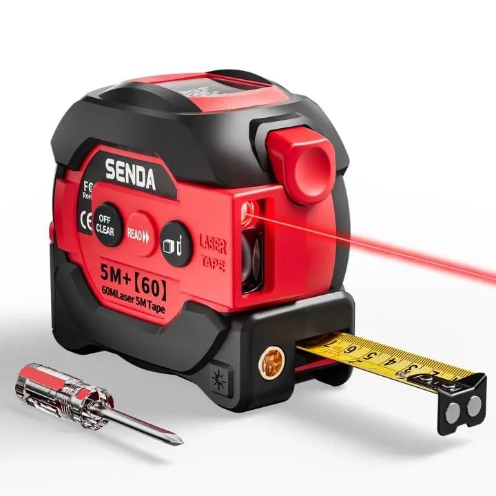 Red 3-in-1 laser tape measure with LCD display and 16ft steel blade