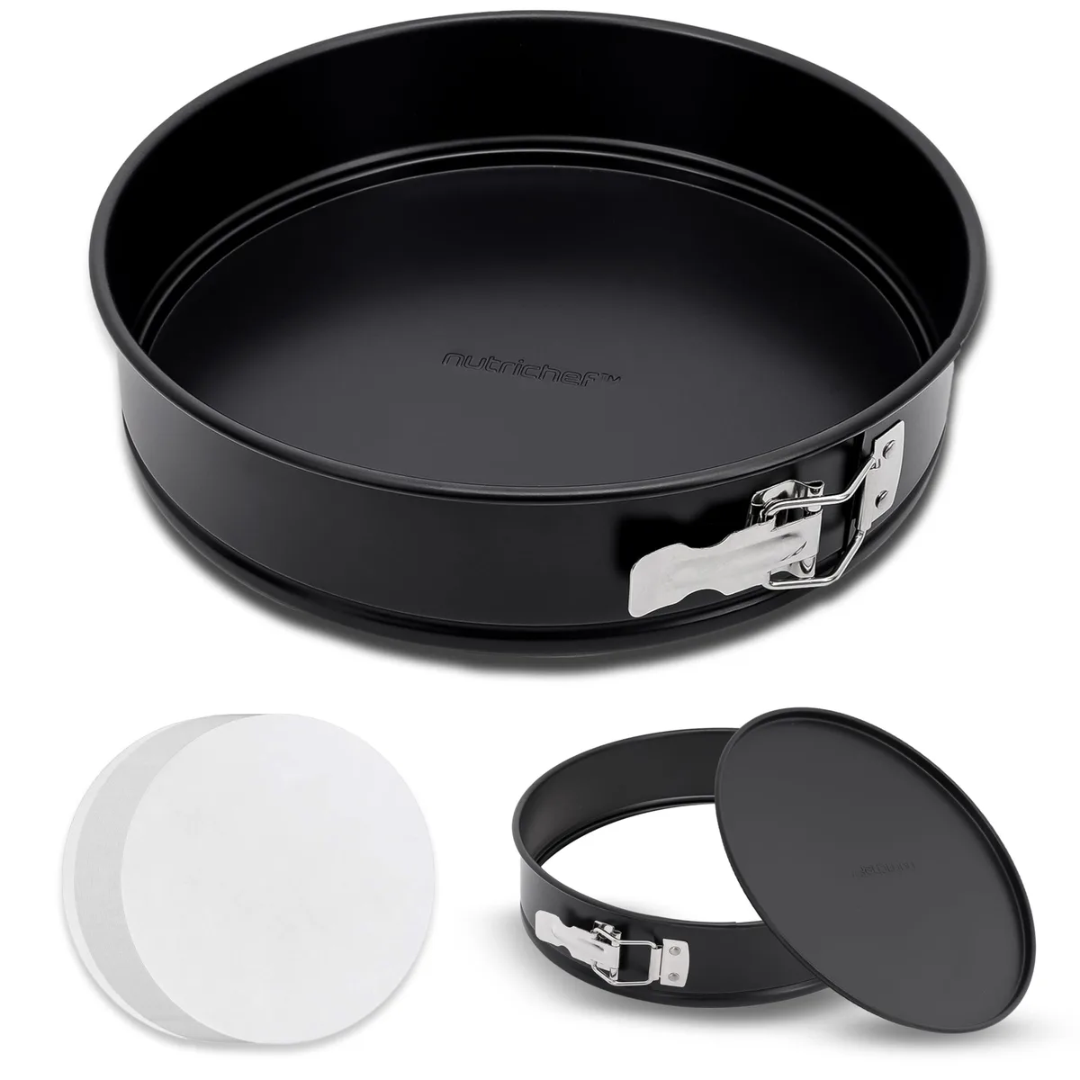 Black 9.45 inch round springform cake pan with removable bottom and stainless steel clasp, includes parchment papers