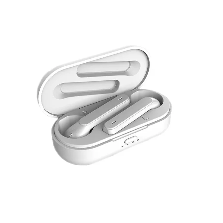 Pair of white true wireless earbuds in charging case
