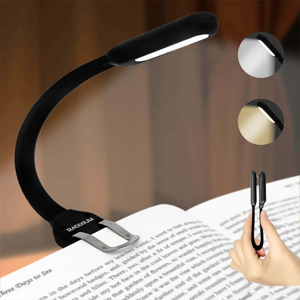 Slim black book light with flexible gooseneck and clip