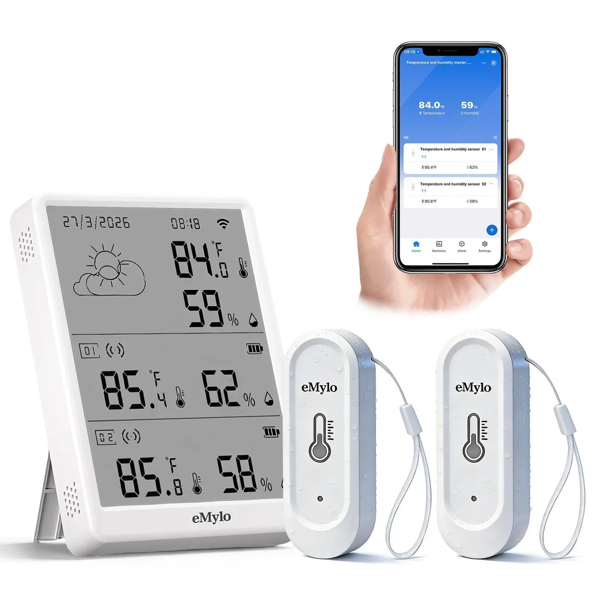 Black infrared thermometer gateway with two wireless sensors and lanyards