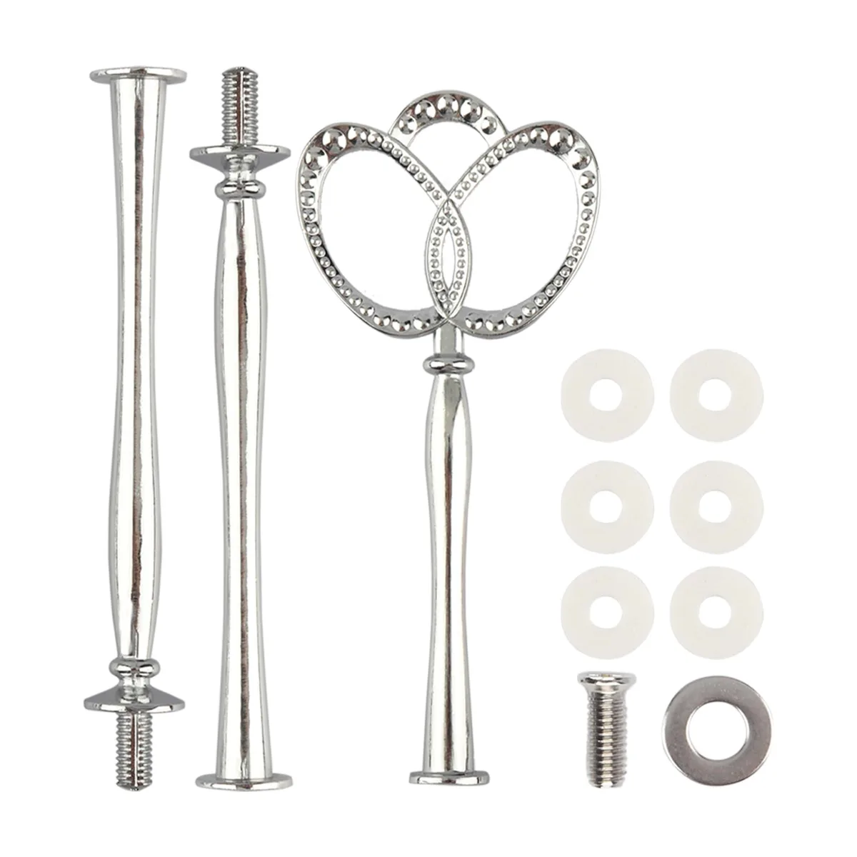 Silver three-tier metal cake stand with central rod, 14 inches wide