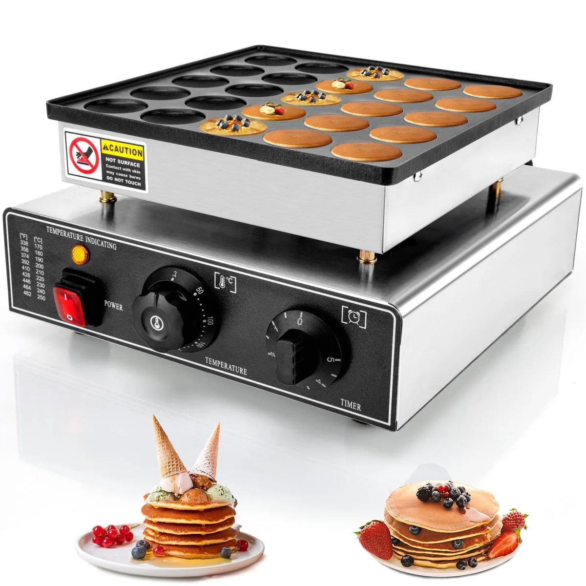 Black stainless steel mini pancake maker with 25 round wells and control knobs