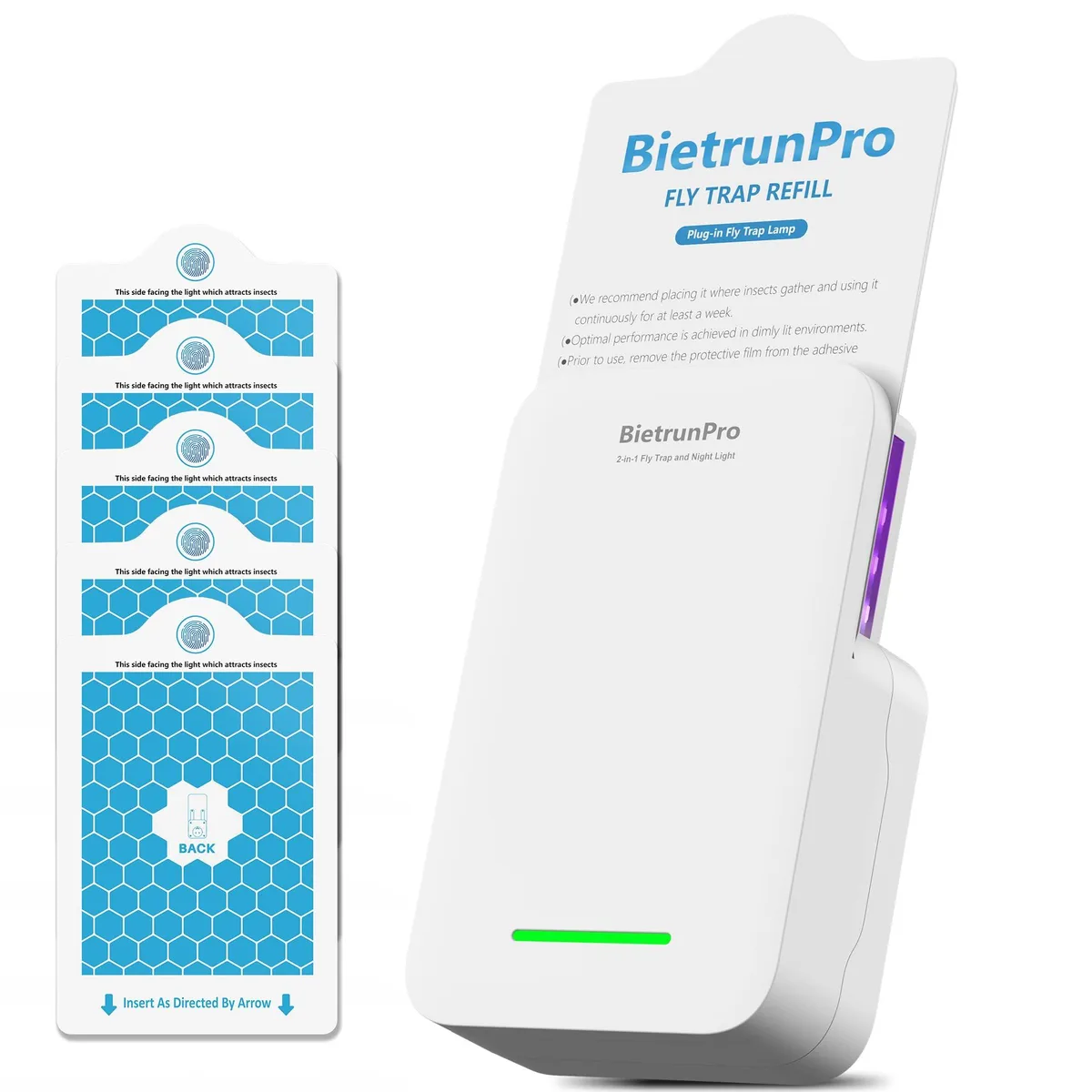 White plug-in pest trap with 14 LEDs and rotating prongs
