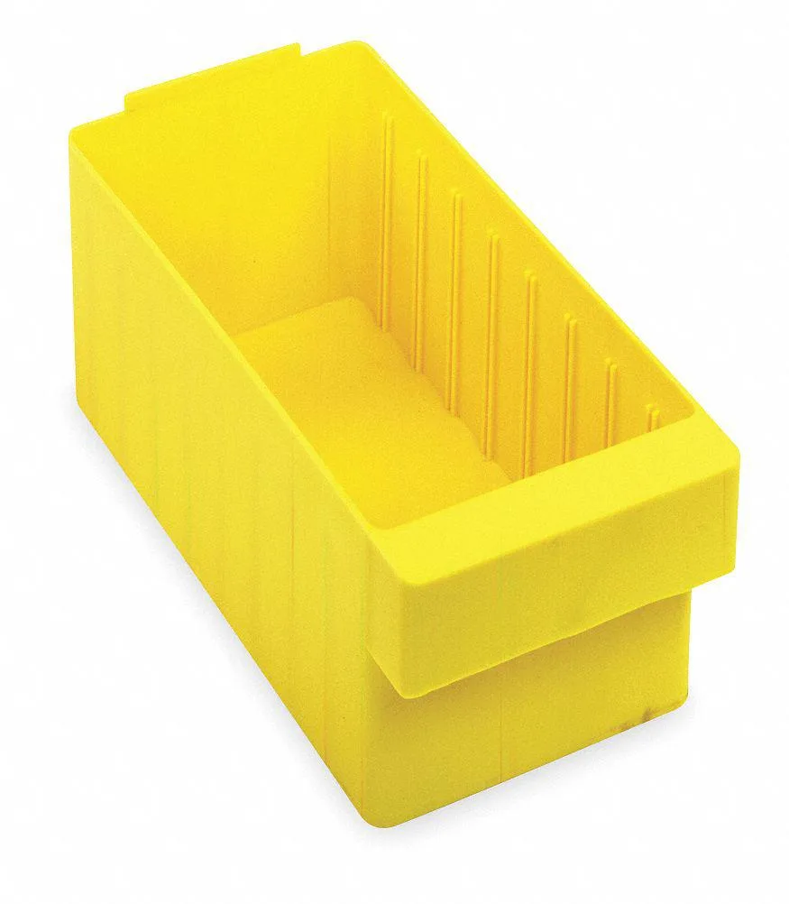 Yellow high-impact polystyrene drawer storage bin, open front, smooth matte finish