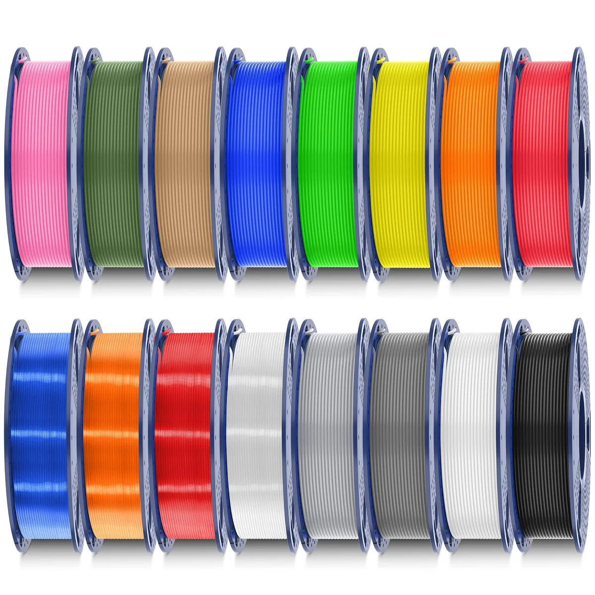 Sixteen small spools of PLA filament in assorted solid and transparent colours, each vacuum sealed