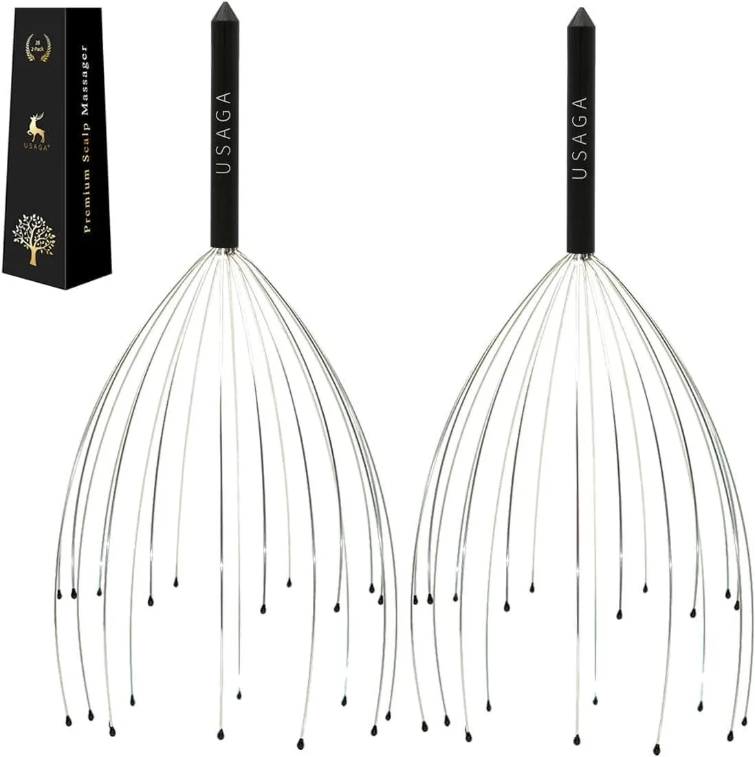 Black handheld scalp massager with 20 flexible metal prongs in two tiers