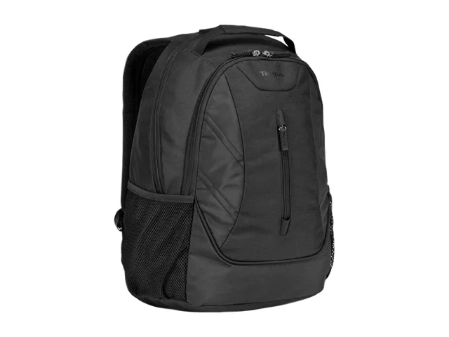 Black polyester 16 inch laptop backpack with padded straps and mesh bottle pockets