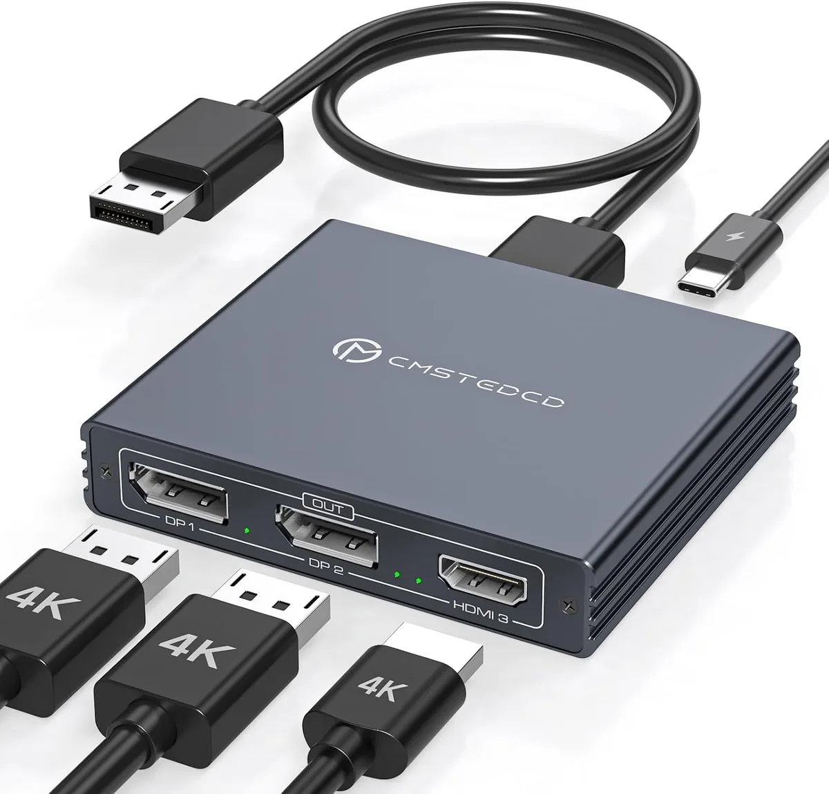Compact black adapter with one DisplayPort input, two DisplayPort outputs, one HDMI output, and a Micro USB power port