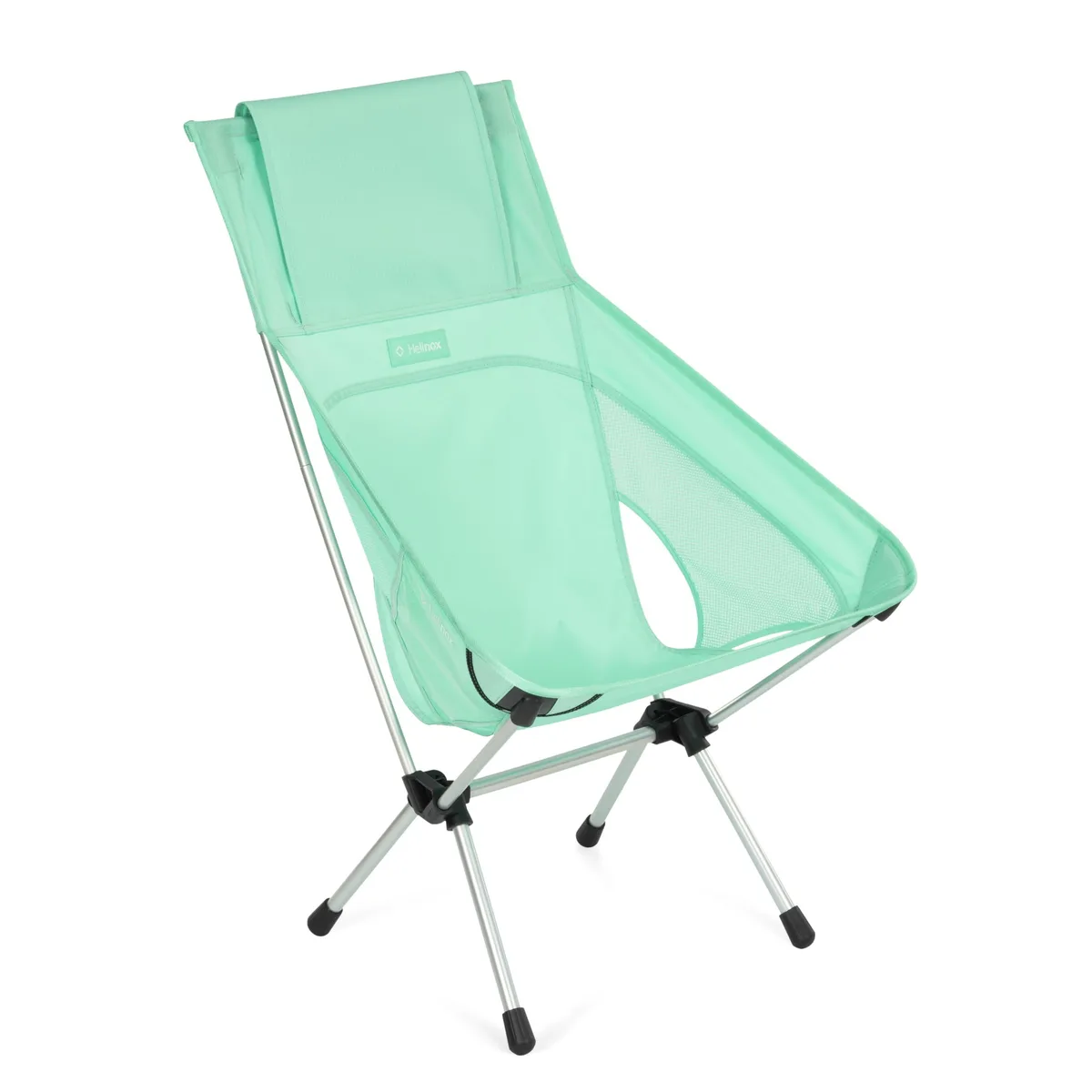Lightweight green camping chair with high back and mesh panels, packed in matching carry case