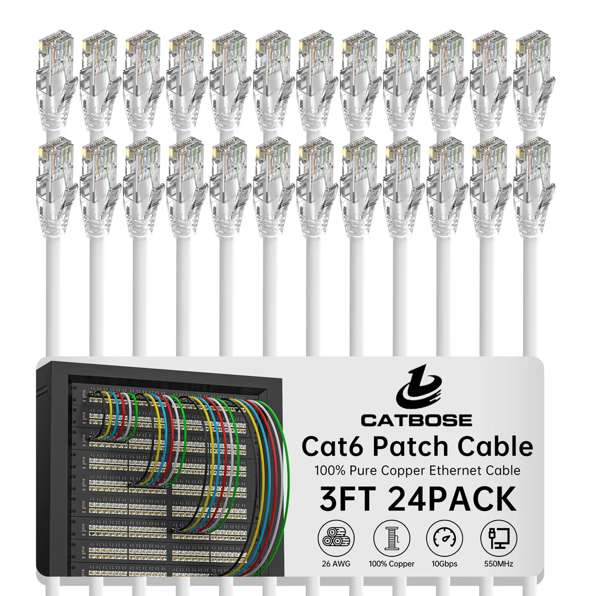 Twenty-four white Cat6 patch cables, three feet long, coiled together in a pack