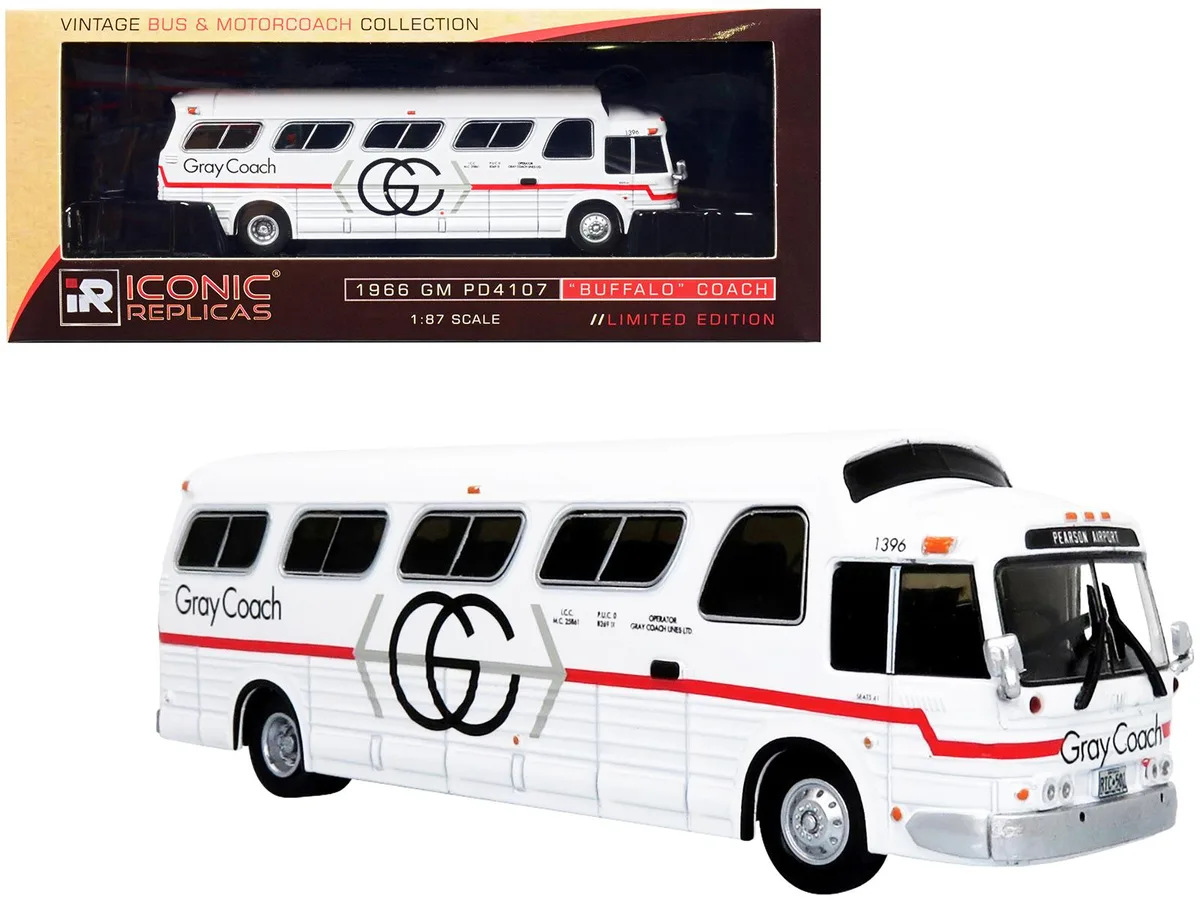 Iconic Replicas Iconic Replicas 1966 GM PD4107 "Buffalo" Coach Bus "Gray Coach" "Pearson Airport" 1/87 hobby collectible — product photo