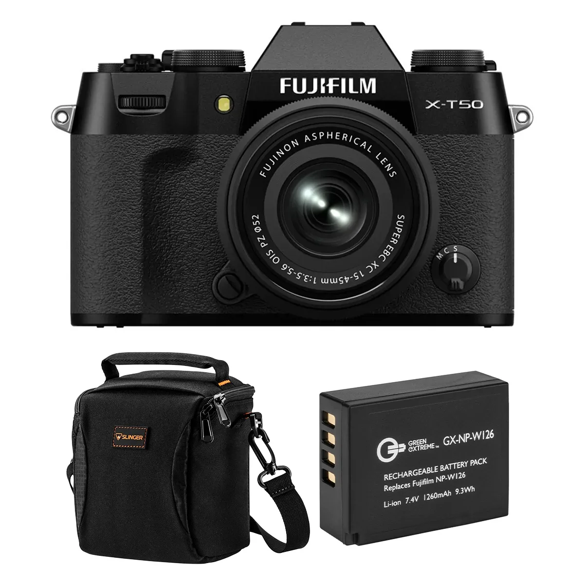 FUJIFILM FUJIFILM X-T50 Black with XC 15-45mm Lens, Battery Pack, Alpine 120 Bag — product photo