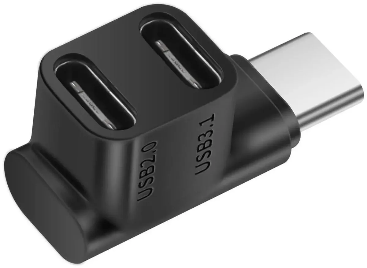 Compact Y-splitter with angled USB-C male plug and two female ports, matte black finish