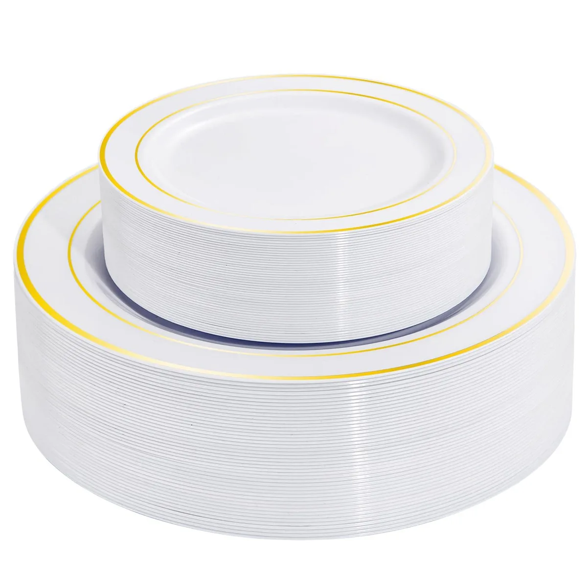 Rectangular white plastic dessert plate with gold rim, 10.62 x 3.94 x 10.62 in