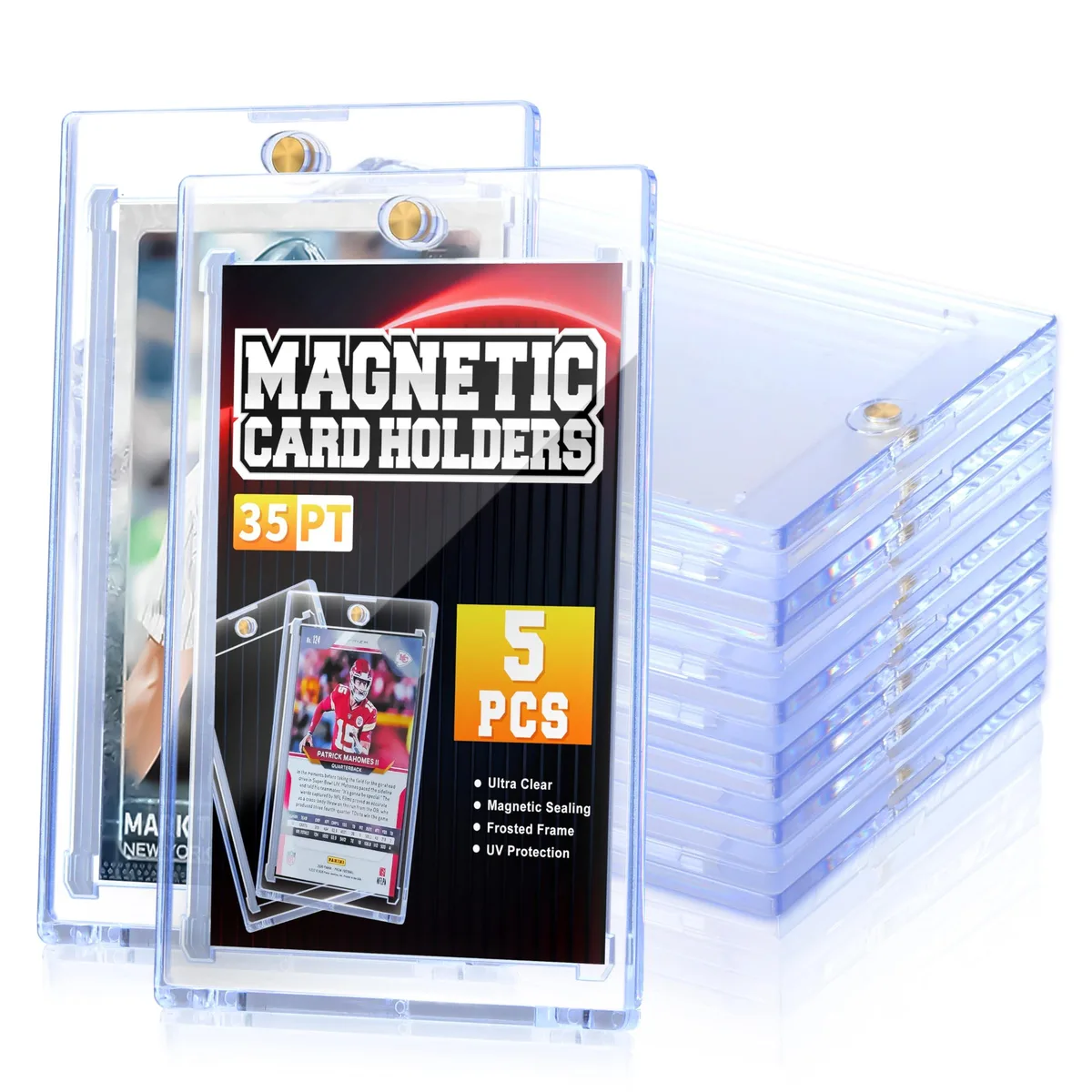 Five blue magnetic card holders, 4.3 by 3 inches, 35-point thickness