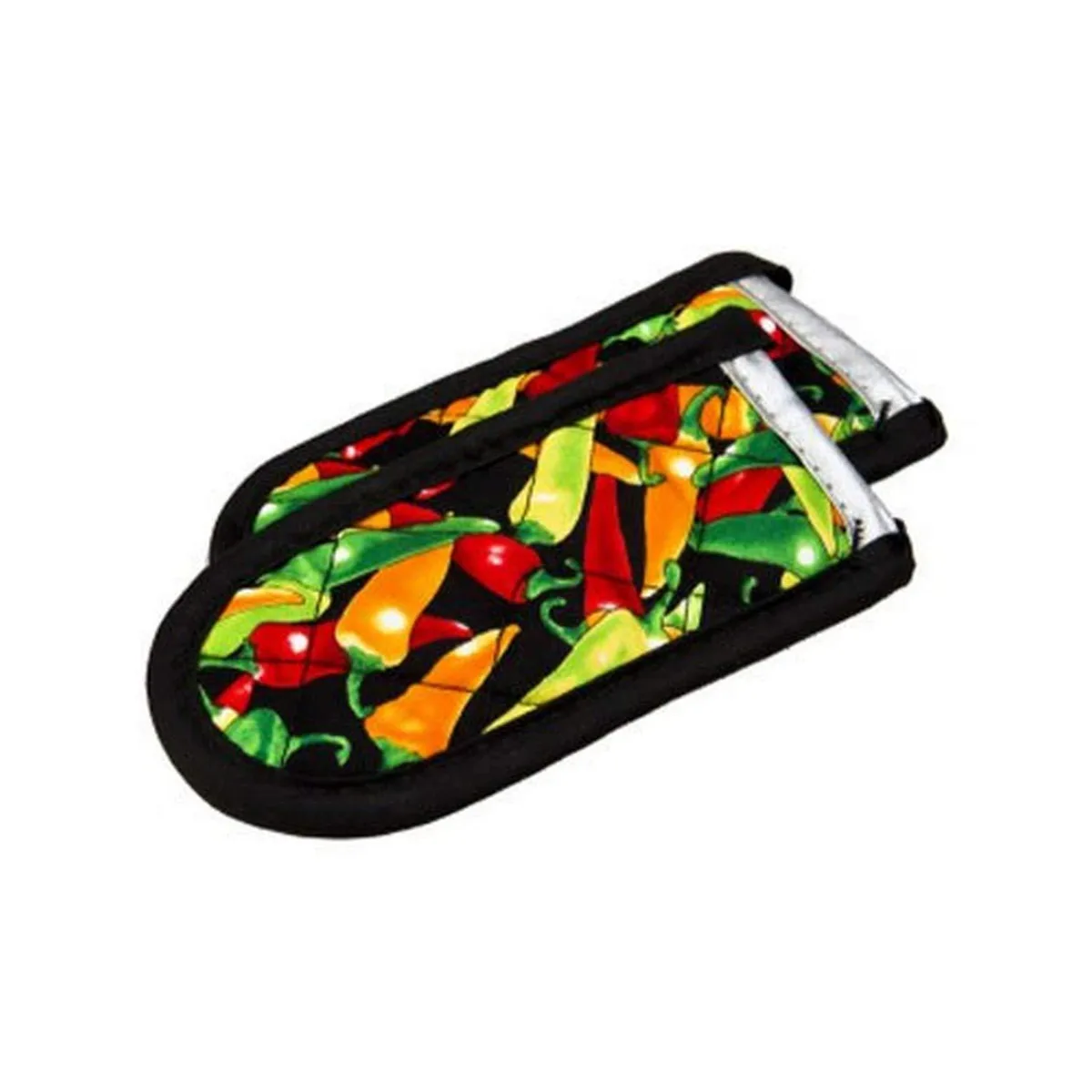 Two black fabric handle covers with red chili pepper print
