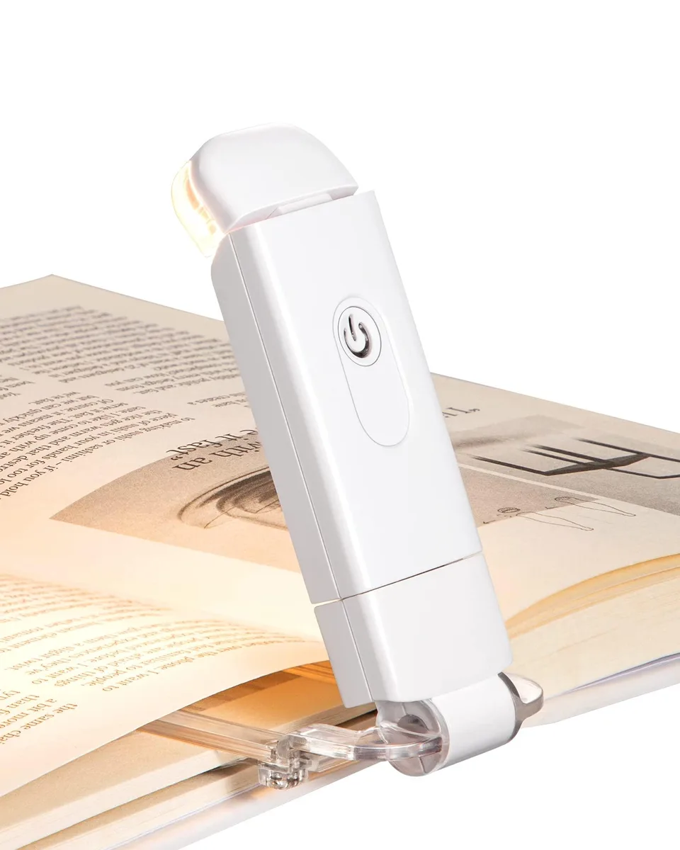 White clip-on book light with flexible neck and transparent arm, USB plug built in