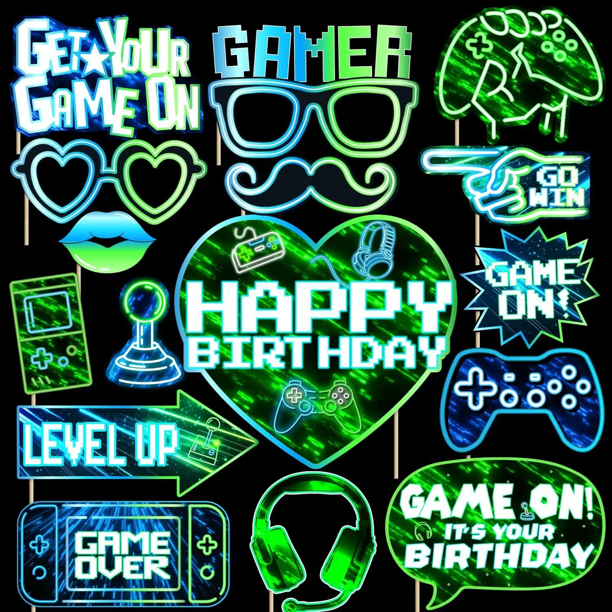 Sixteen black vinyl photo booth props with neon video game designs on wooden sticks 50 to 59 inches tall