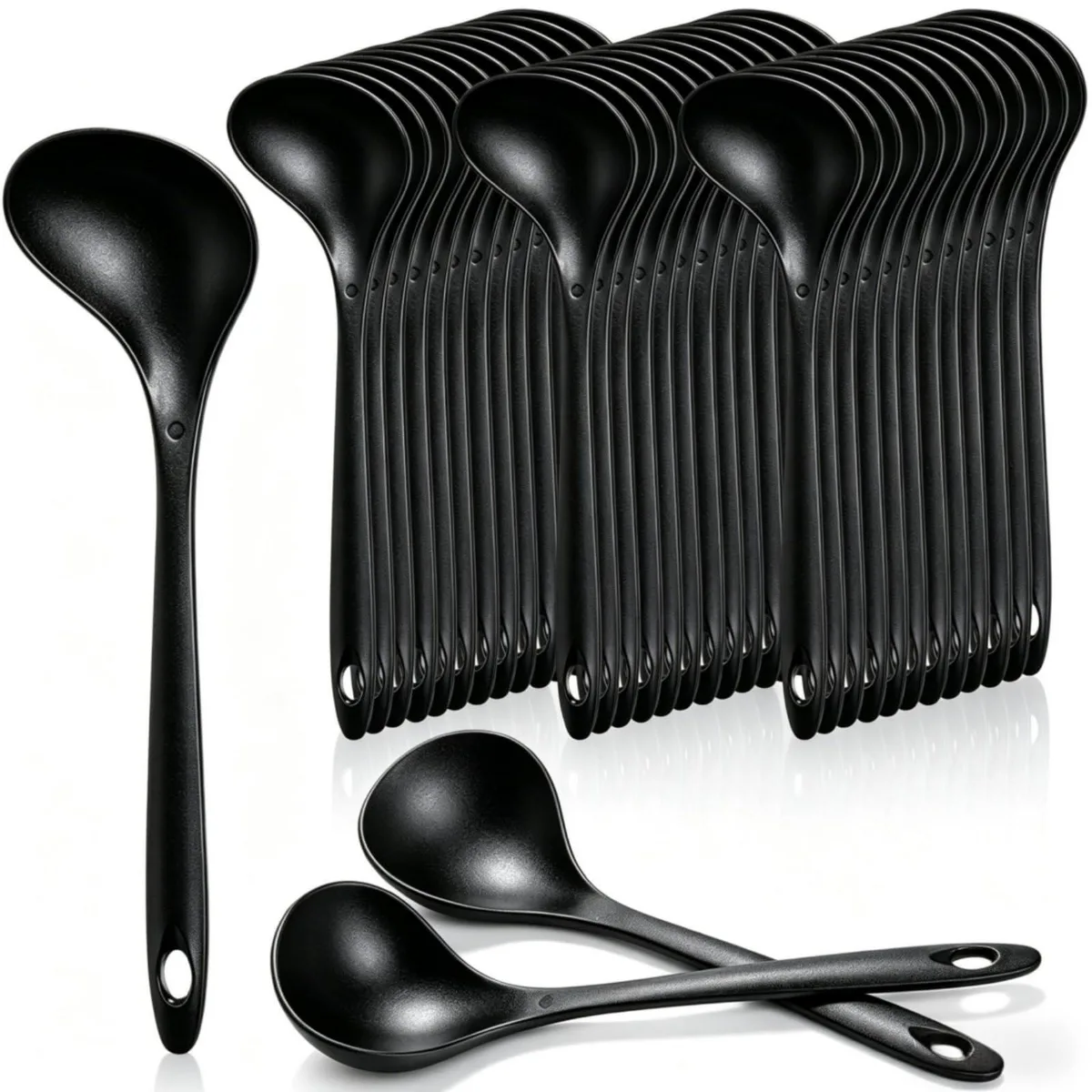 Forty white plastic ladle spoons with long handles and hanging holes