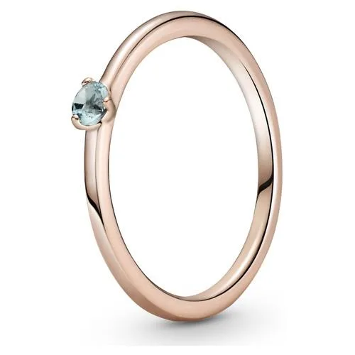 Pandora Rose ring with single aqua blue cubic zirconia solitaire