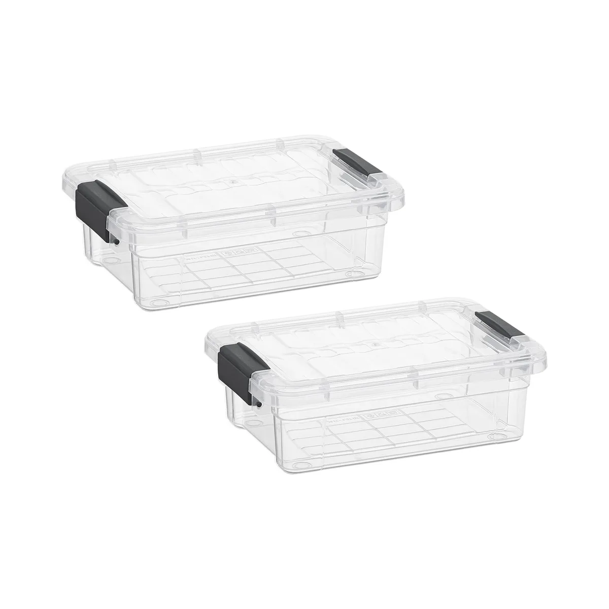 Two clear plastic storage boxes with black lids, stackable, 1.27 quart each
