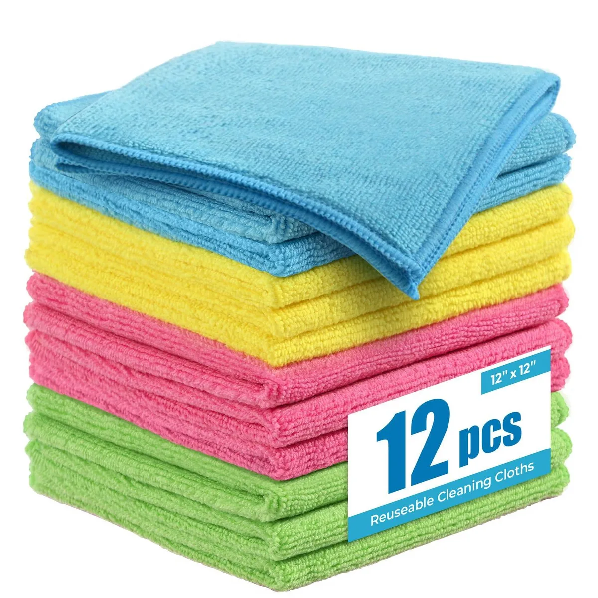 Twelve 12 by 12 inch microfiber cloths in assorted colors, folded flat with reinforced edges