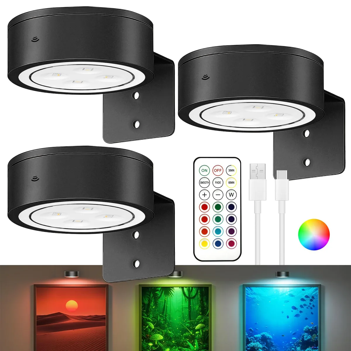Three black rectangular picture lights with white finish and clear prismatic lenses, plus remote control and mounting brackets