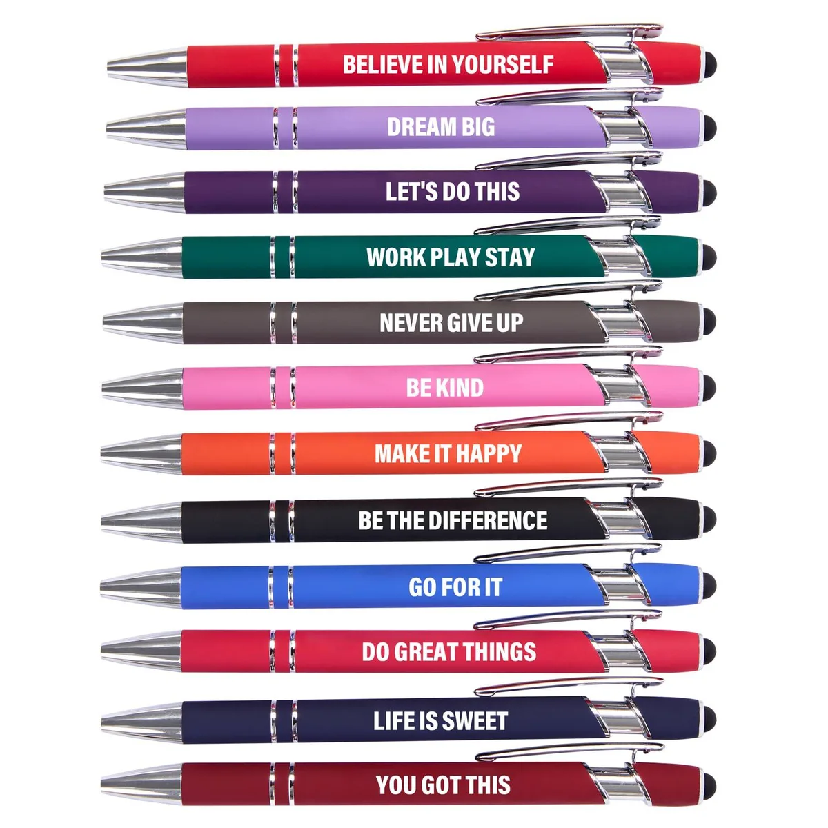 Twelve coloured ballpoint pens with rubber stylus tips and motivational text