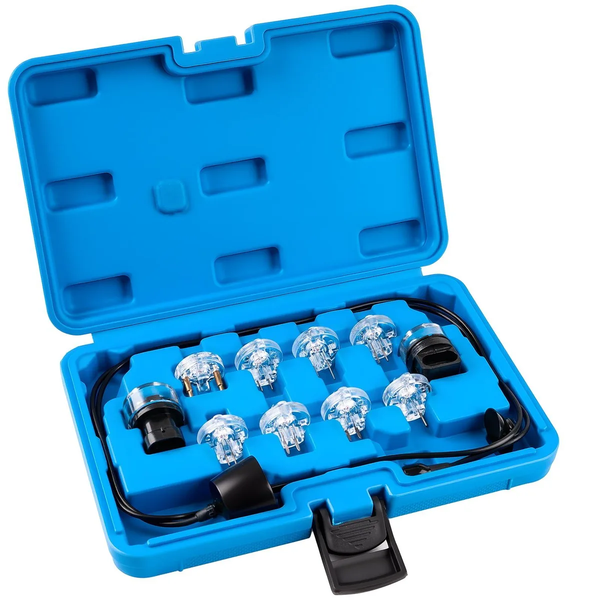 11-piece fuel injector test kit in a rectangular carrying case