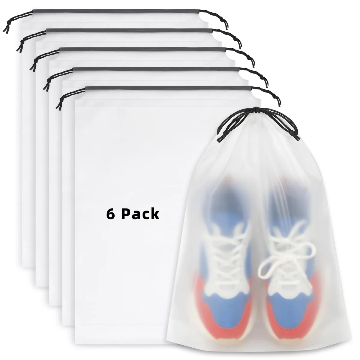 Six clear polyethylene shoe bags with drawstring closures