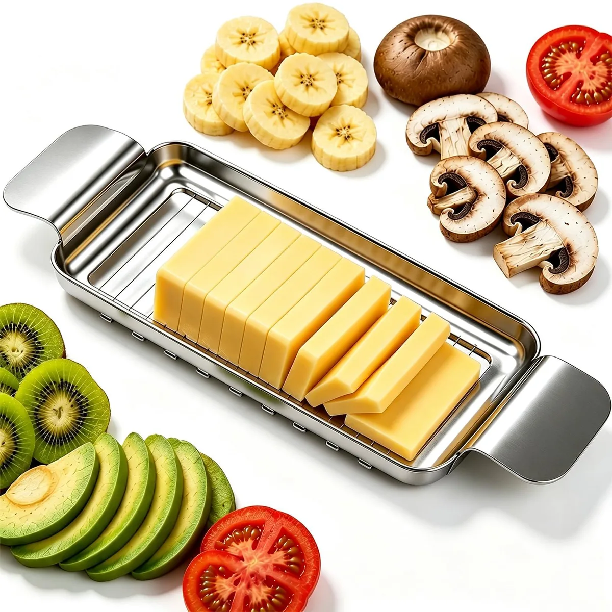 Stainless steel cheese and butter slicer with wire cutter and rectangular base