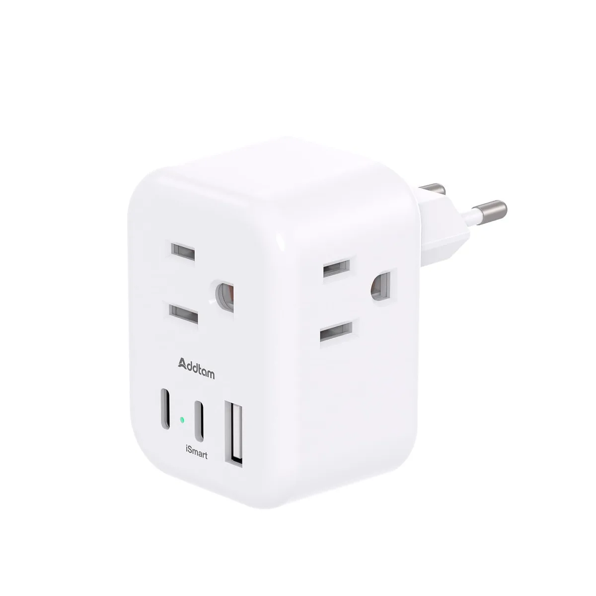  Addtam 6-in-1 European Travel Adapter 3 AC 2 USB-C 1 USB-A 2500W 250V 10A Black — product photo