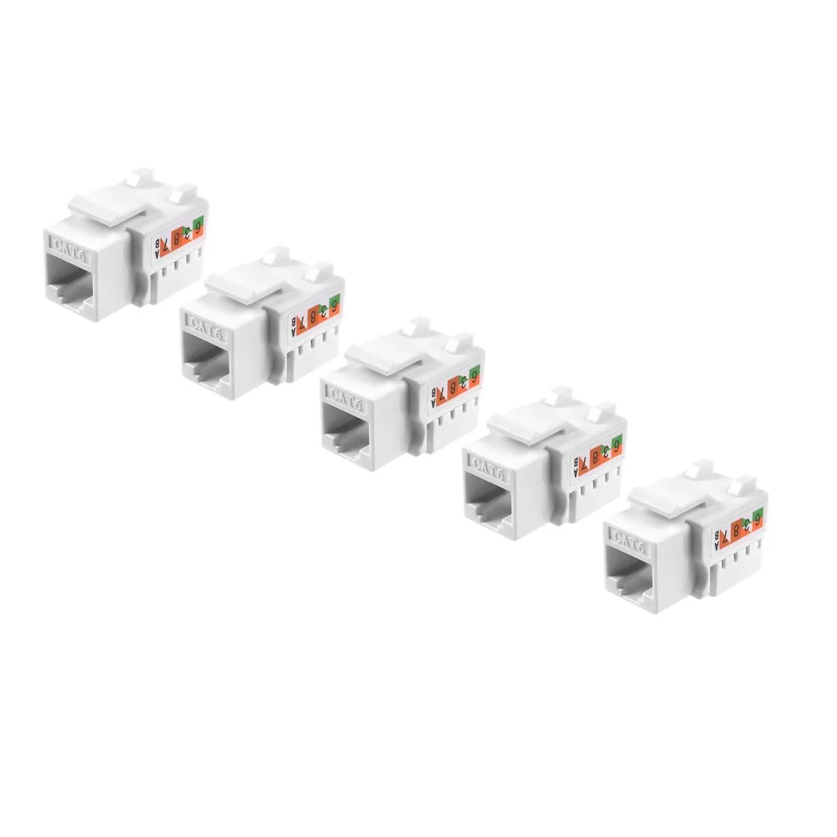 Five white Cat6 keystone jacks in a pack