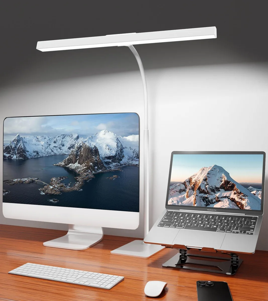 White gooseneck desk lamp with 16.2-inch wide LED bar on polished metal base