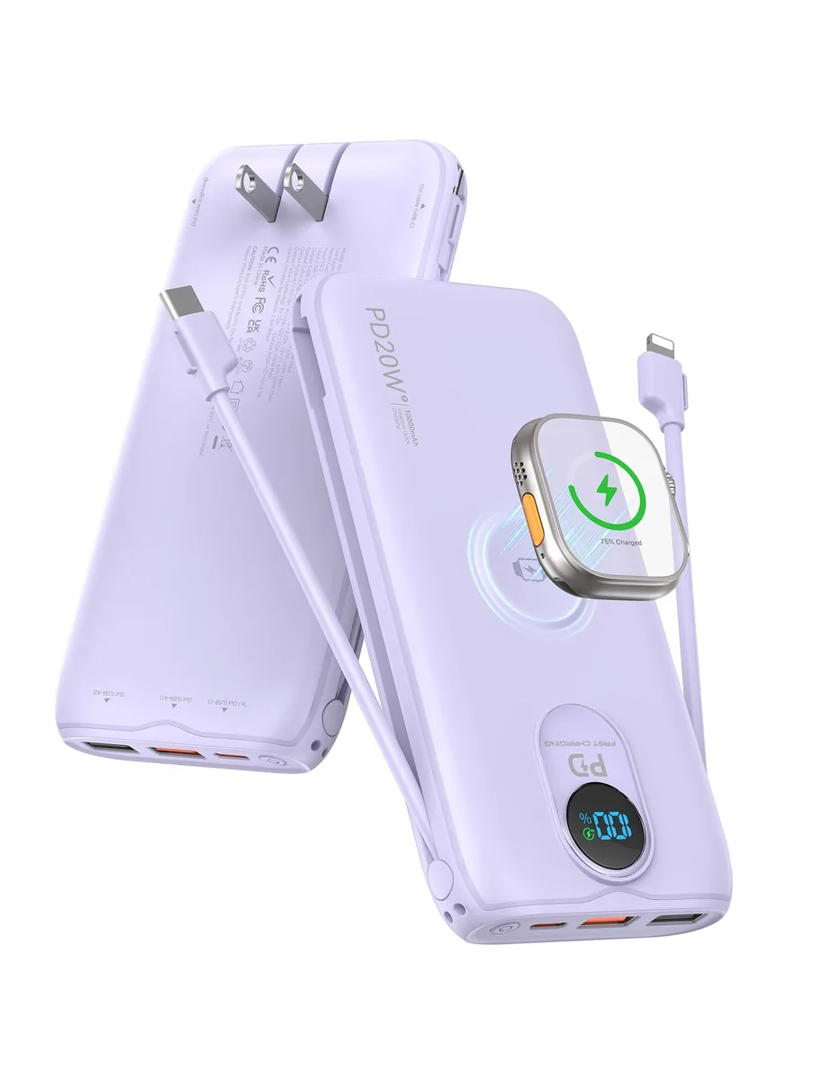  LENGSUM P041A 10000mAh power bank PD20W built-in cables AC plug — product photo