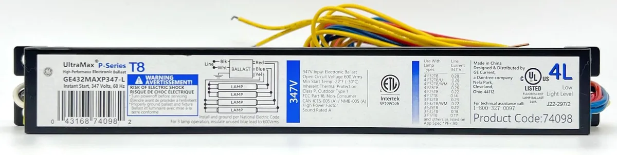 GE GE 74098 347-Volt UltraMax Electronic Fluorescent T8 Ballast 4 or 3 F32T8 Lamps — product photo
