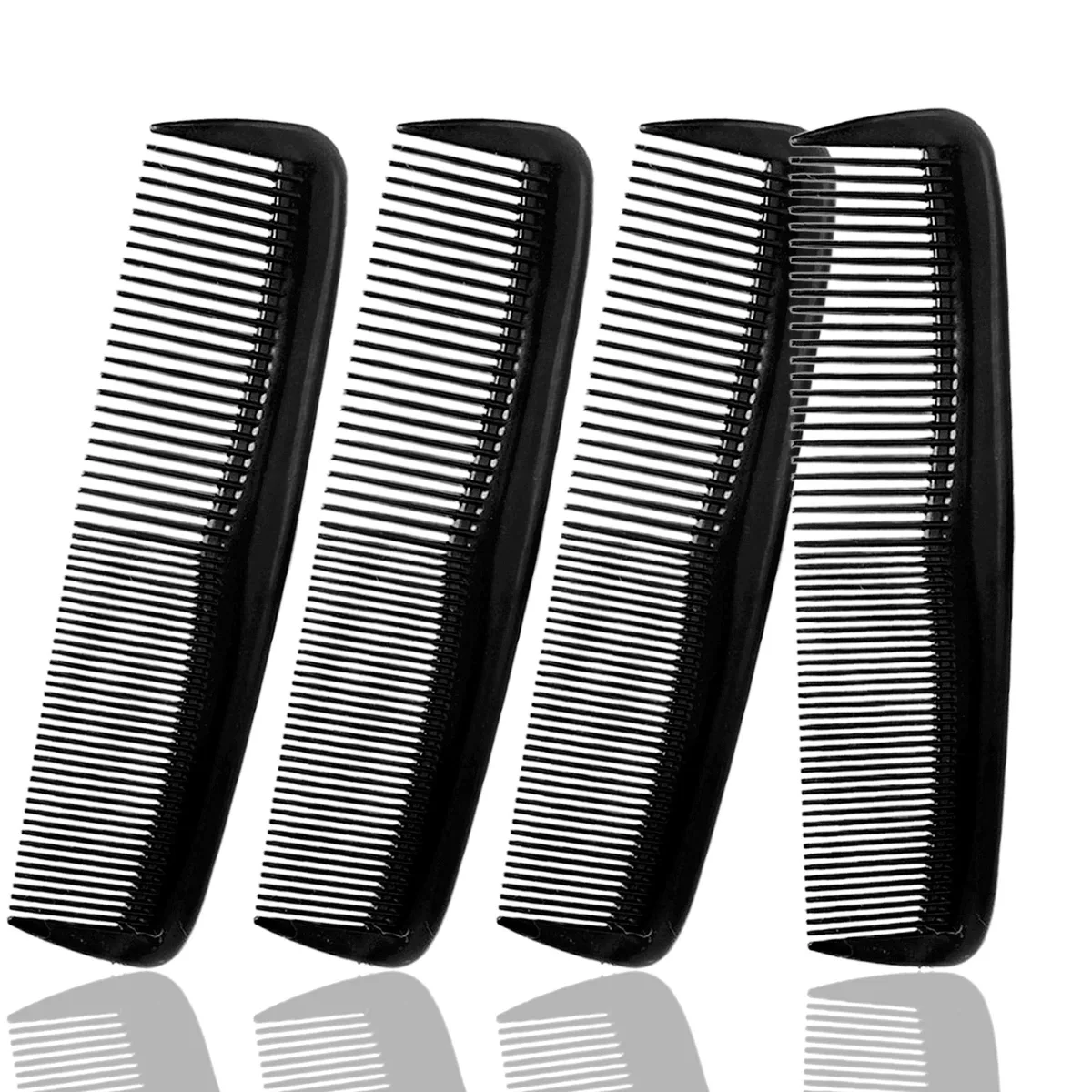Four black plastic pocket combs, straight fine teeth, 5 by 1 inch