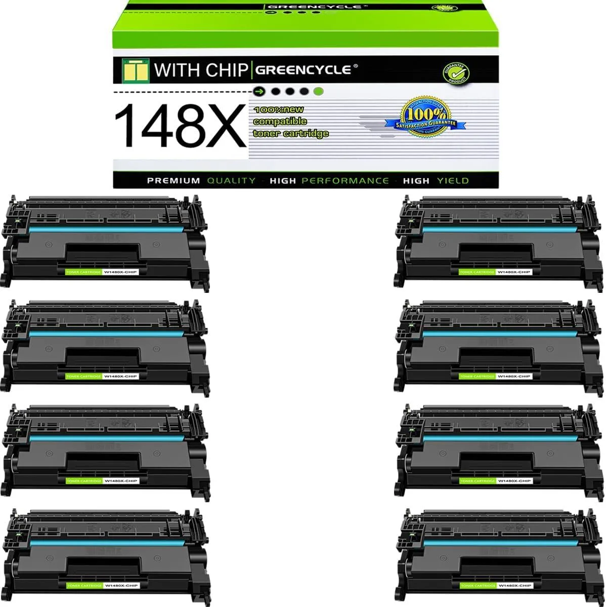 GREENCYCLE GREENCYCLE 148X W1480X Black Toner Cartridge 8 Pack 9500 Pages — product photo