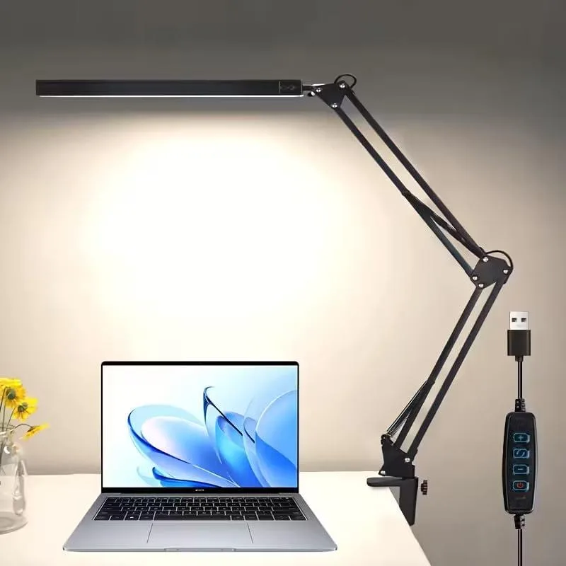 Black matte LED desk lamp with adjustable swing arm and clamp base