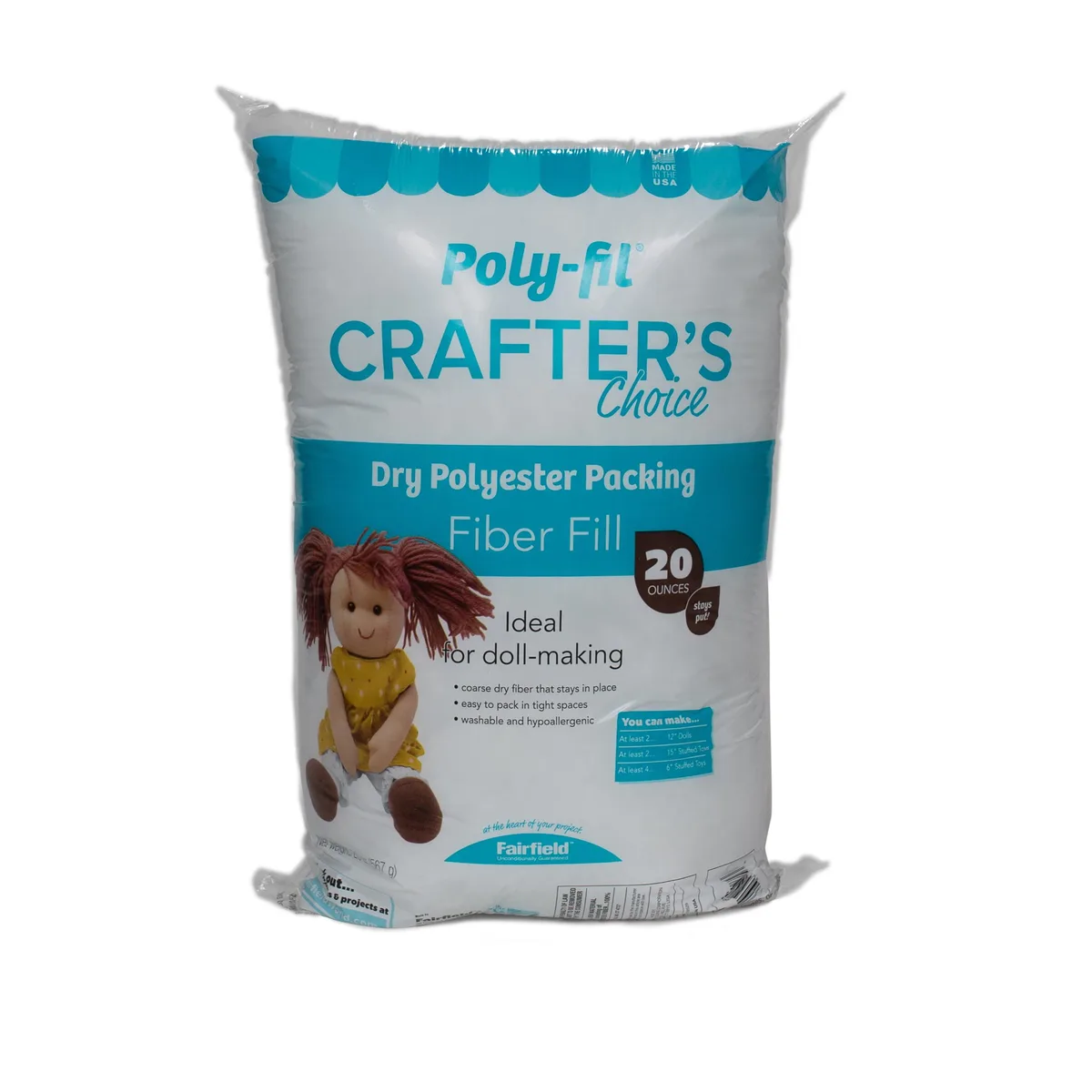 White polyester fiberfill in a 20oz bag