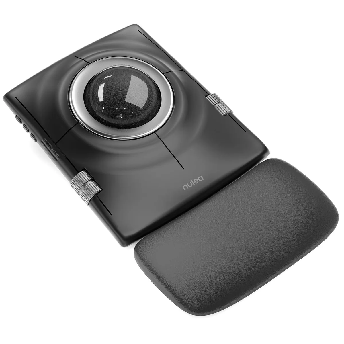 Black wireless trackball mouse with large 55mm ball, seven buttons, ambidextrous shape and included wrist rest