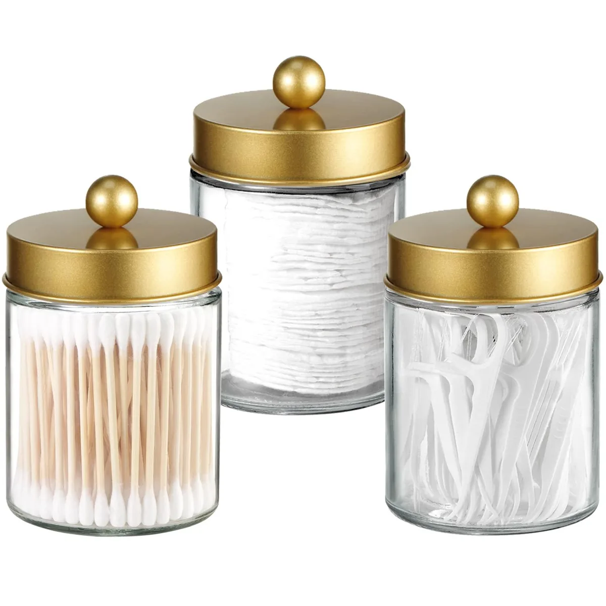 Three clear glass jars with gold stainless steel lids, 9.46 fl oz each