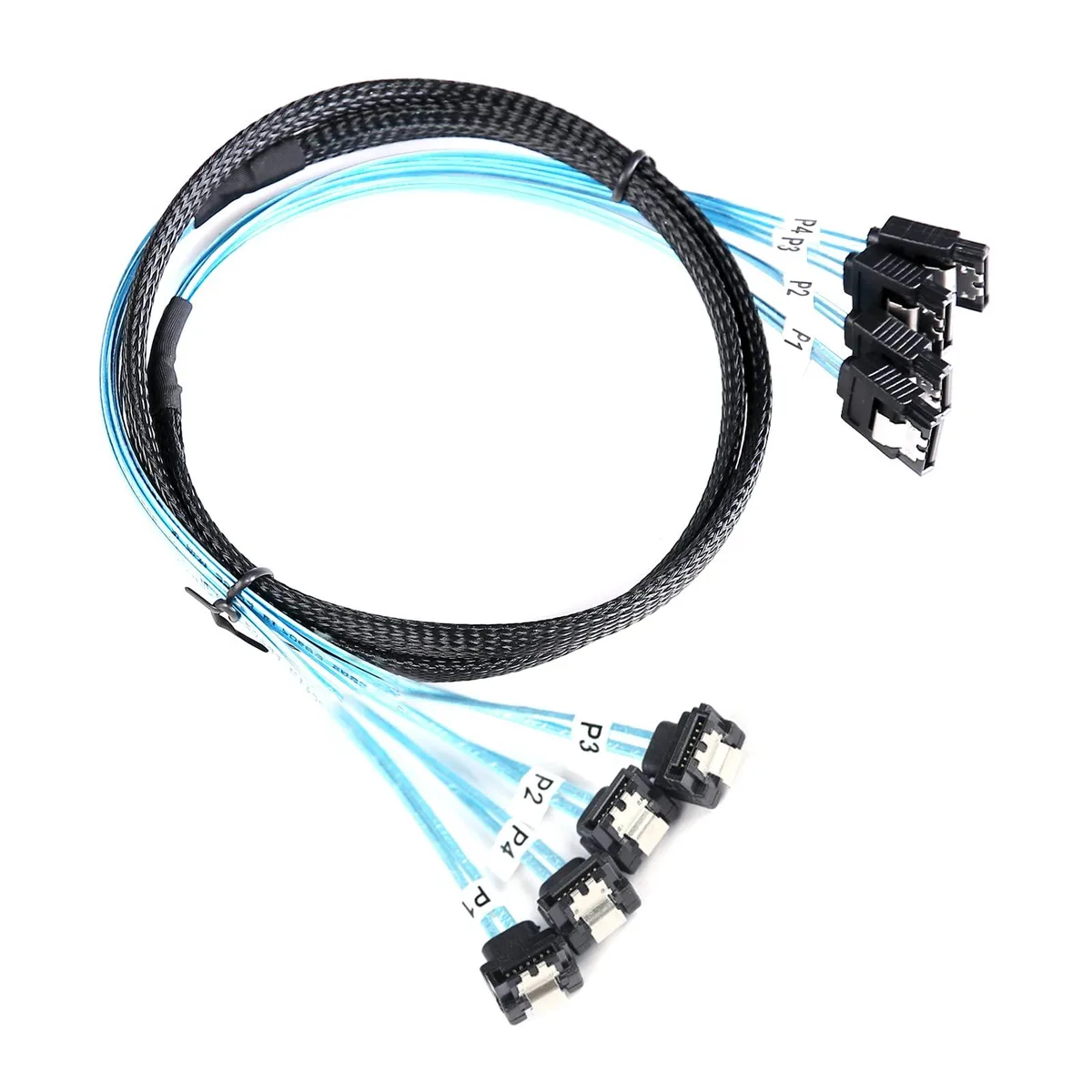 Four black and blue braided SATA cables, straight to right-angle connectors, one metre each