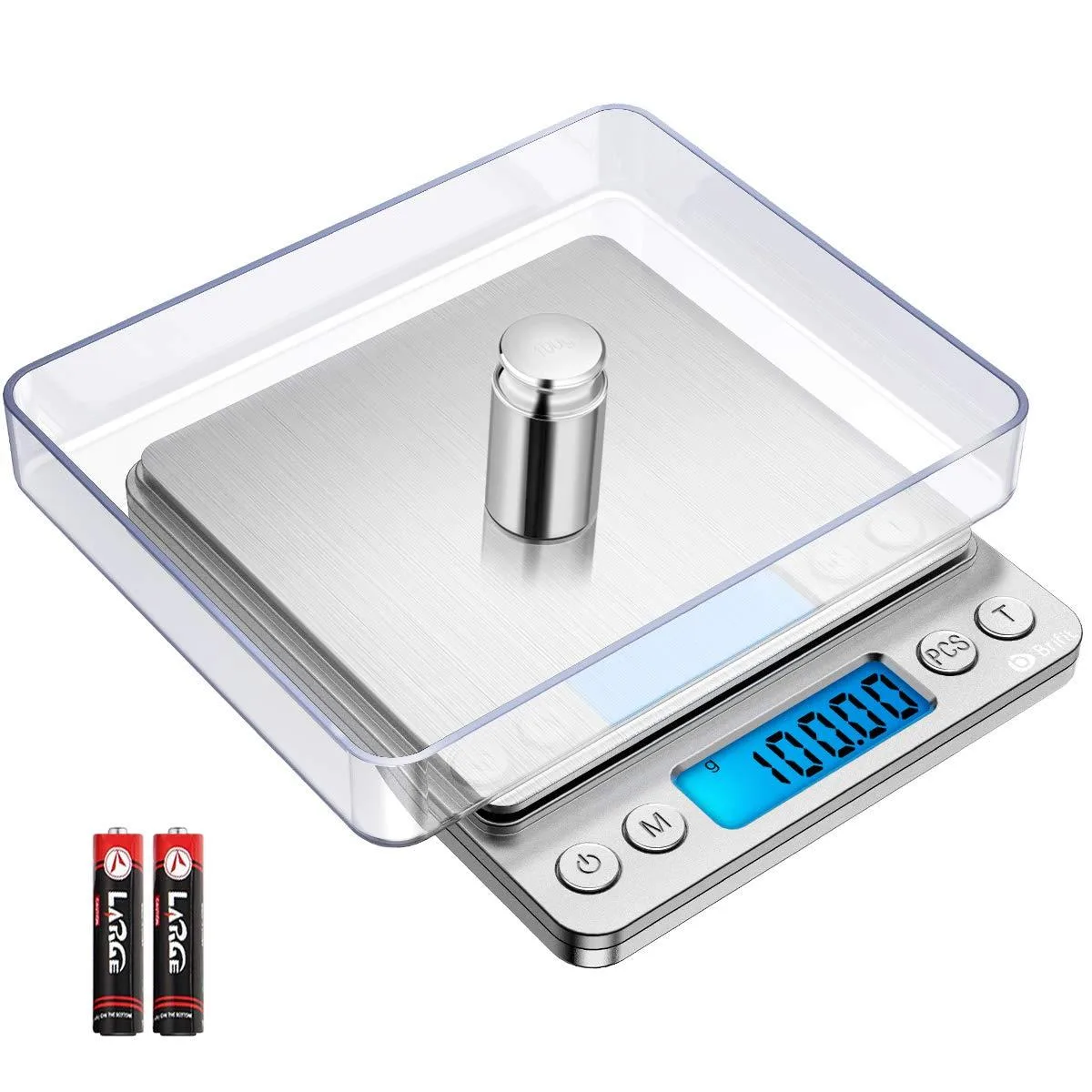 Yellow pocket scale with stainless platform, blue backlit LCD, two trays and 100 g weight