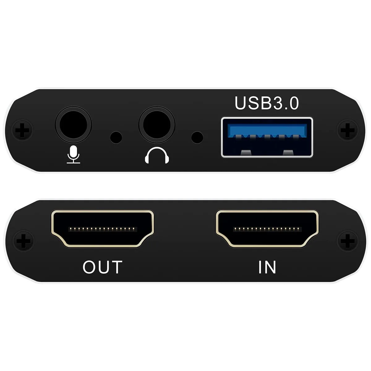 Compact black capture box with HDMI ports, 3.5 mm jacks and USB 3.0 cable