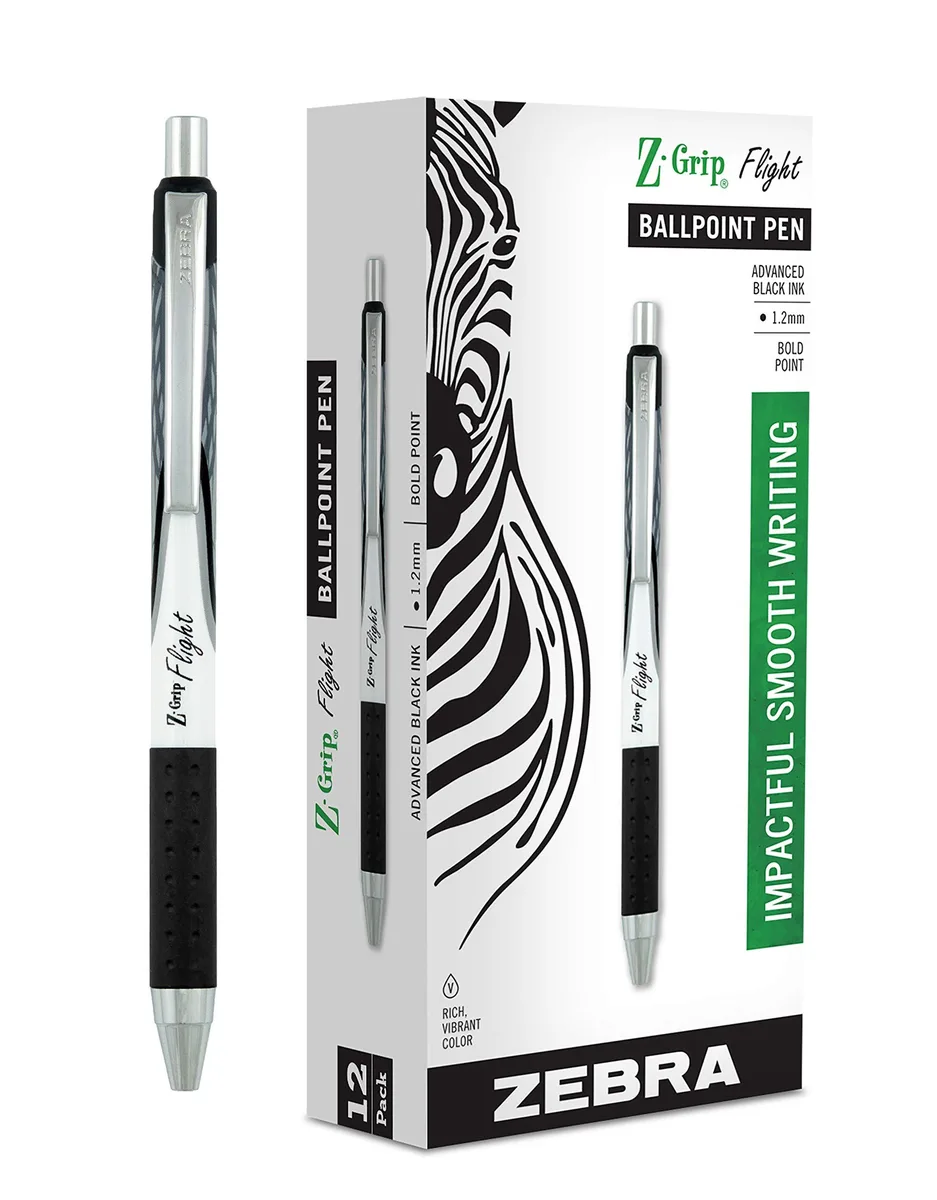 Box of twelve black retractable ballpoint pens with silver clips and rubber grips
